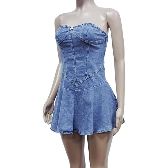 Womens Denim Dress Strapless Off Shoulder Mini Casual Clubwear - Picture 5 of 5
